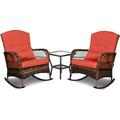 3 Pieces Patio Conversation Set w/ 2 Rattan Wicker Rocking Chairs and Glass Table for Garden Backyard Lown Porch (Green)