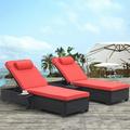 Outdoor Patio Chaise Lounge Chair Lying in bed with PE Rattan and Steel Frame PE Wickers Pool Recliners with Elegant Reclining Adjustable Backrest and Removable Cushions Sets of 2(Black+Red)