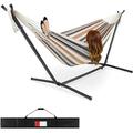 HONGDONG 2-Person Double Hammock with Stand Set Indoor Outdoor Brazilian-Style Cotton Bed for Backyard Camping Patio w/ Carrying Bag Steel Stand 450lb Weight Capacity - Desert Stripes