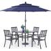 durable VILLA 5 Piece Outdoor Dining Set with 10ft Umbrella 37 Square Metal Dining Table & 4 Stacking Metal Chair with 3 Tier Beige Umbrella for Patio Deck Yard Porch