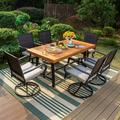 durable & William 6 Pieces Patio Dining Set for 6 4 PE Rattan Chairs and 1 Rectangular Acacia Wood Table and 1 Bench Outside Table and Chairs with Cushions Outdoor Furniture for De