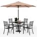 durable VILLA 5 Piece Outdoor Dining Set with 10ft Umbrella 37 Square Metal Dining Table & 4 Stacking Metal Chair with 3 Tier Beige Umbrella for Patio Deck Yard Porch