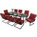 7 Piece Outdoor Patio Dining Set 6 Spring Motion Cushion Chairs 1 Rectangular Table with 1.57 Umbrella Hole Furniture Sets for Lawn Backyard Garden Red