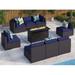 6 Pieces Outdoor Patio Furniture Set with 45 Plate Embossing Propane Fire Pit Table Outdoor Wicker Sectional Sofa Conversation Set with Blue Cushions & Coffee Table