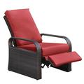 Outdoor Garden Recliner Chair Automatic Adjustable Wicker Lounge Recliner Chair with Comfy Thicken Cushion All Weather Aluminum Frame Brown Wicker + Red Cushion