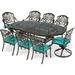 VIVIJASON 9-Piece Outdoor Furniture Dining Set All-Weather Cast Aluminum Patio Conversation Set Include 6 Stationary Chairs 2 Swivel Dining Chairs Oval Table with Umbrella Hole Ocean Blue Cushion
