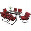durable 7 Piece Outdoor Patio Dining Set 6 Spring Motion Cushion Chairs 1 Rectangular Table with 1.57 Umbrella Hole Furniture Sets for Lawn Backyard Garden Red