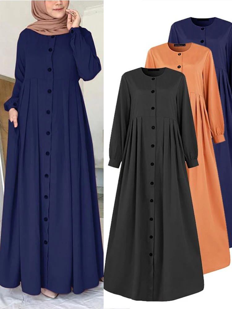 Frauen Muslimischen Dubai Abaya Türkei Hijab Kleid Türkei Herbst Langarm Tasten Unten Sommerkleid Islam Kleidung Abayas Maxi Vestidos Image