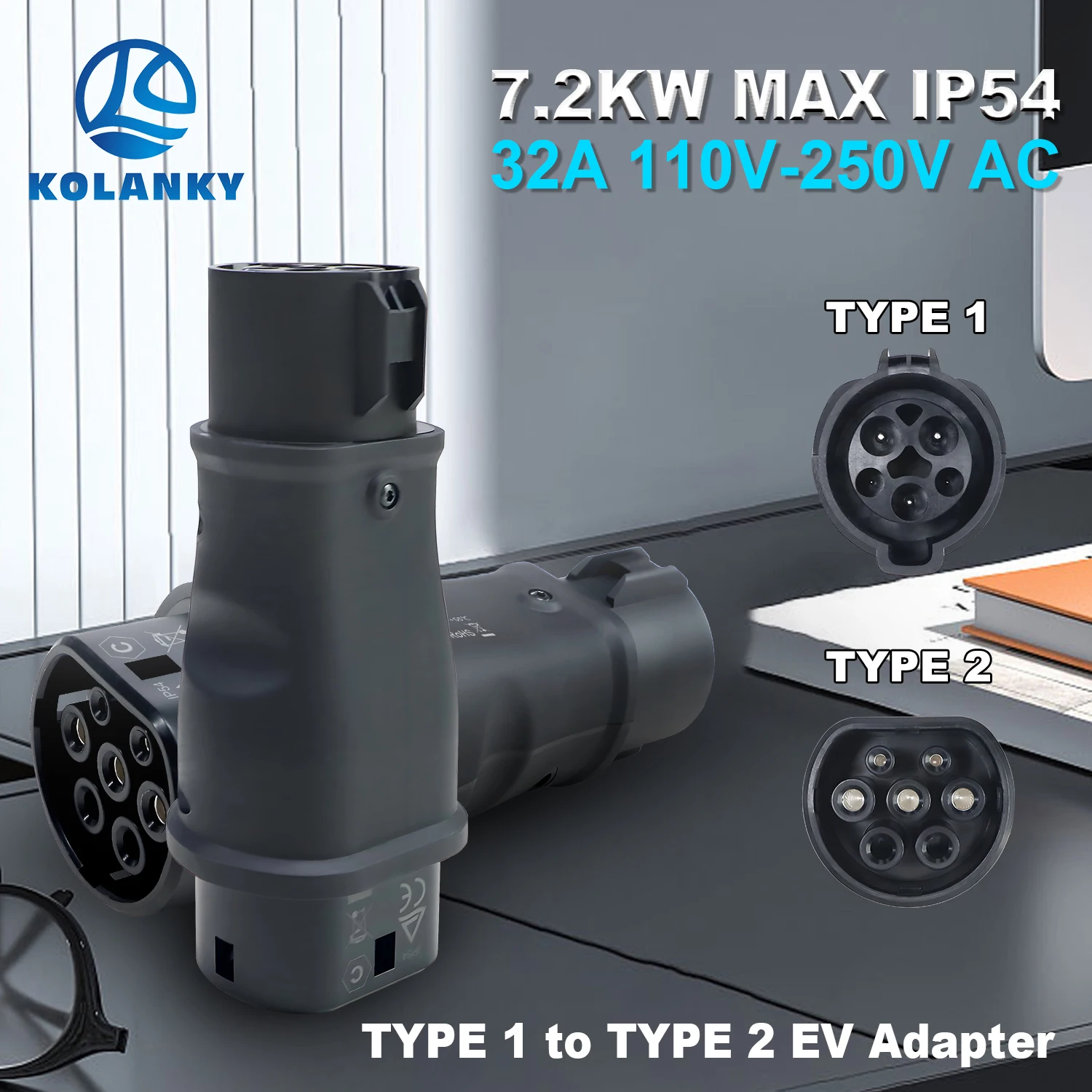 Kolanky EV-Ladegerät-Adapter, 32 A, 7,2 kW, SAE, J1772-Stecker, Typ 1, auf Typ 2, Steckdosenkonverter für Elektrofahrzeuge, Ladeautos Image