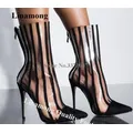 Gold Schwarz Streifen PVC Kurze Stiefel Linamong Neueste Transaprent Spitz Patchwork Transparent