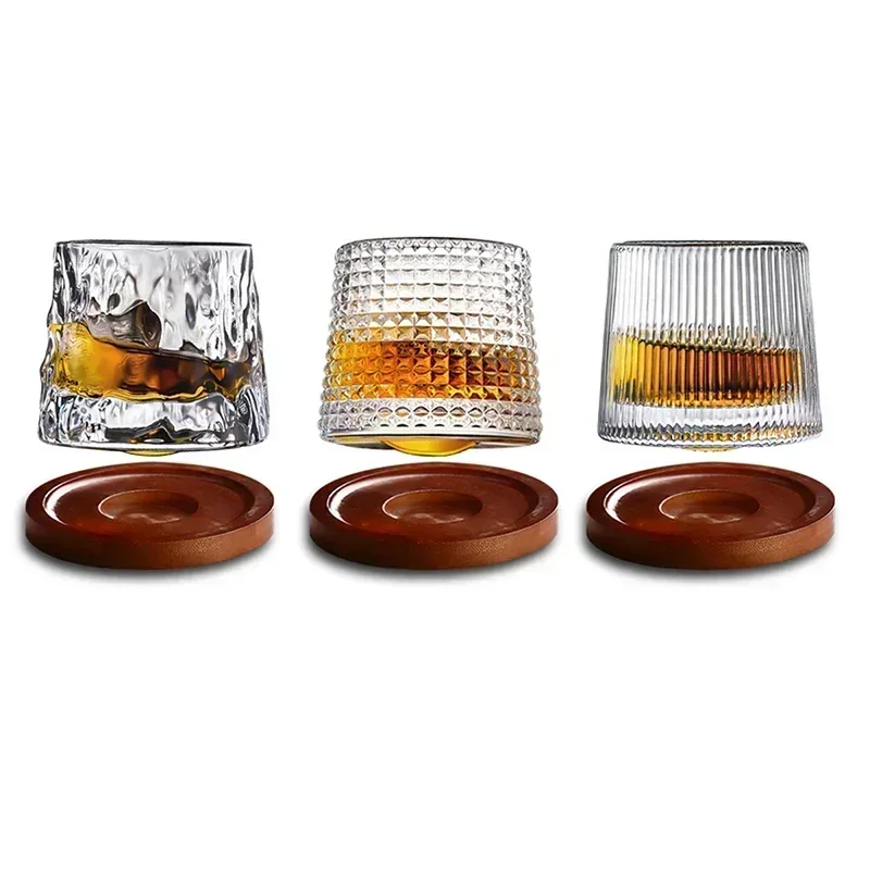160 ml Neuheit drehbarer Whiskyglasbecher Barzubehör altmodisches Weinglas mit Holzsockel für Likör Scotch Bourbon Image