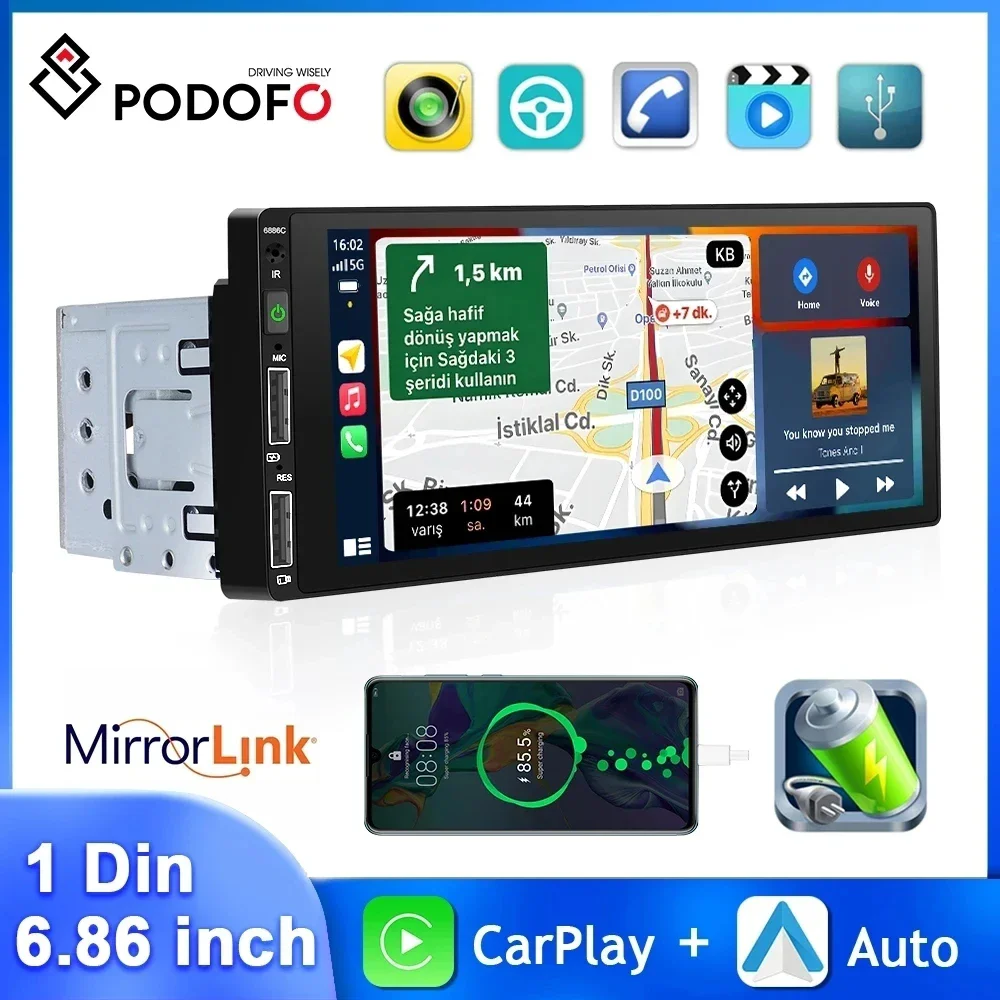 Podofo 1 Din MP5 Autoradio 6,86'' MP5 Player Wired Carplay Android Auto Universal Multimedia Player Spiegel Link Auto stereo Image