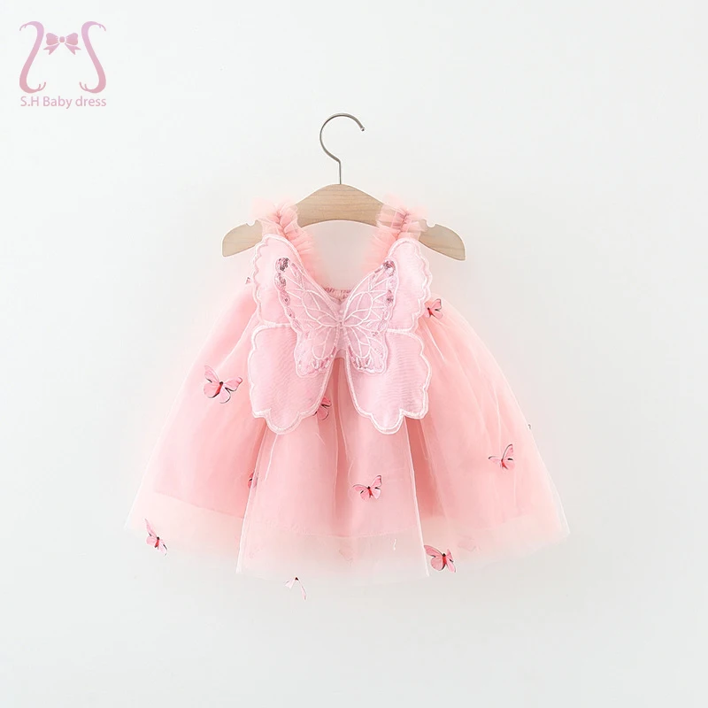 Sommer Baby Mädchen Prinzessin Party Geburtstag Kleid Süße Kinder Kleidung Schmetterling Flügel Fee Strap Gesticktes Mesh 0-3 Jahre kind Image
