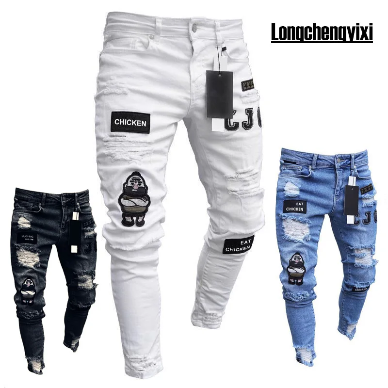 Neue Weiße Stickerei Jeans Männer Baumwolle Stretchy Zerrissene Dünne Jeans Hohe Qualität Hip Hop Schwarz Loch Slim Fit Oversize Denim Hosen