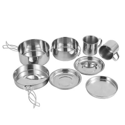 Edelstahl Camping Geschirr Outdoor Kochset Reise geschirr Topf Pfanne Schüssel Tasse Kit Mini