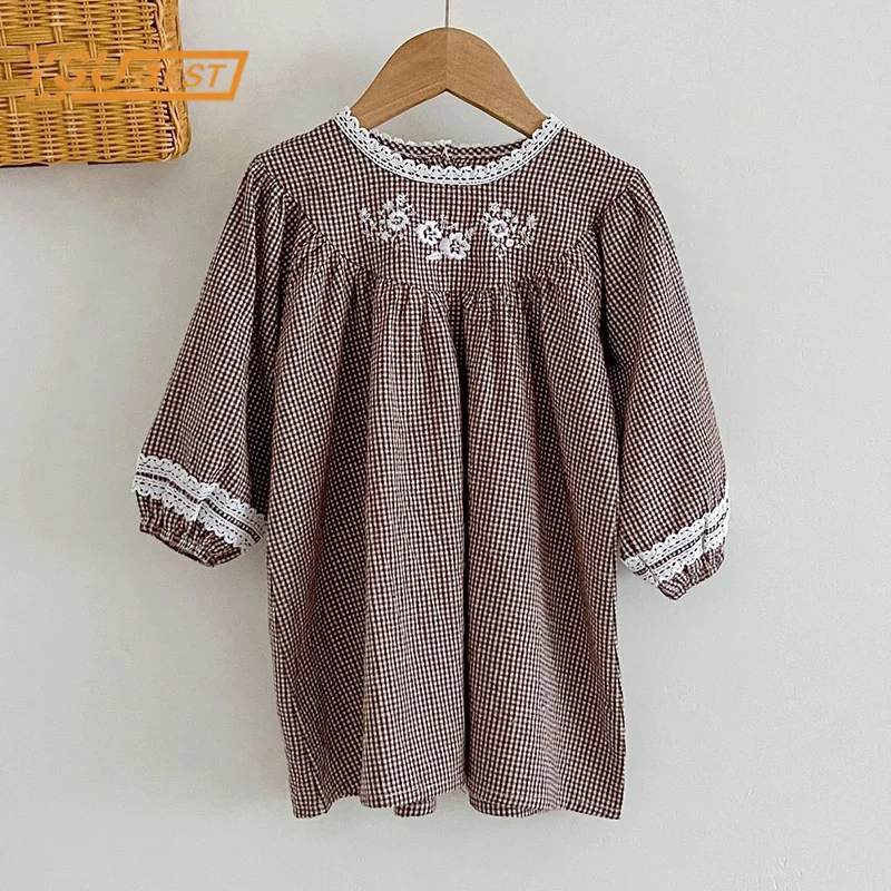 Frühling Herbst Kinder Baby Mädchen Langarm süße Blume Stickerei Prinzessin Kleid Baby Mädchen Gitter Kleid Kinder Kleidung Kleid Image