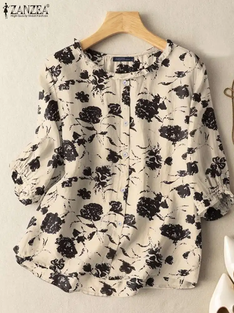 Sommer Vintage Floral Bedruckte Hemden ZANZEA Böhmische Weibliche Bluse Casual O Neck 3/4 Sleeve Tops Arbeit Urlaub Hemd Tunika Blusas