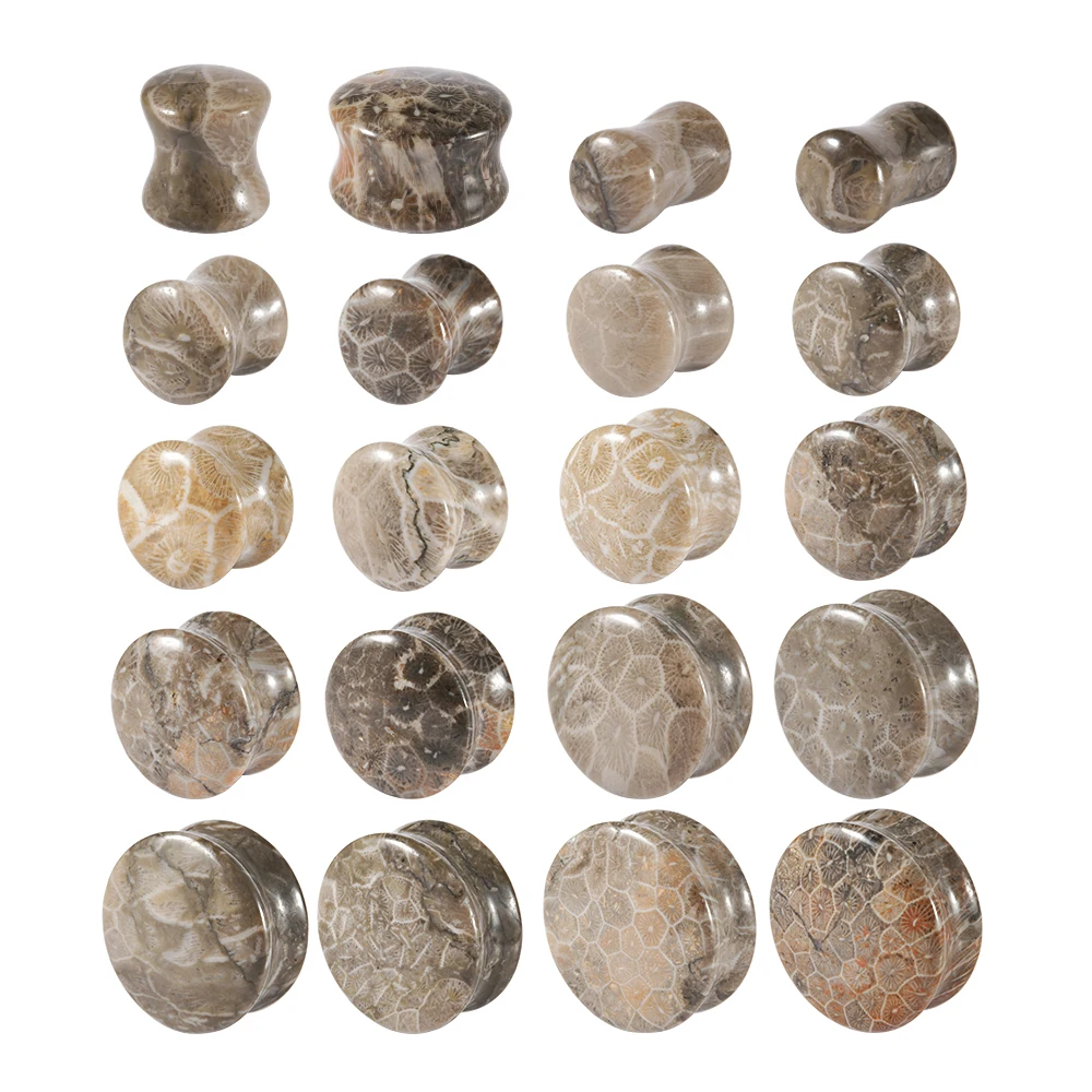 1 paar Fossil Korallen Beige Jade Doppel Ausgestelltes Poliert Konvexen Stein Solide Ohr Stecker Expander Gauge Körper Piercing Schmuck 2G-1" Image