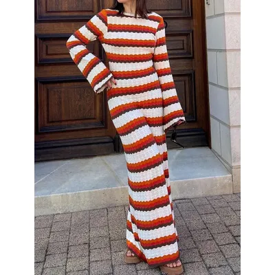 Gestreiftes gestricktes Maxi kleid Frauen elegant aushöhlen rücken freie lange Kleider Damenmode