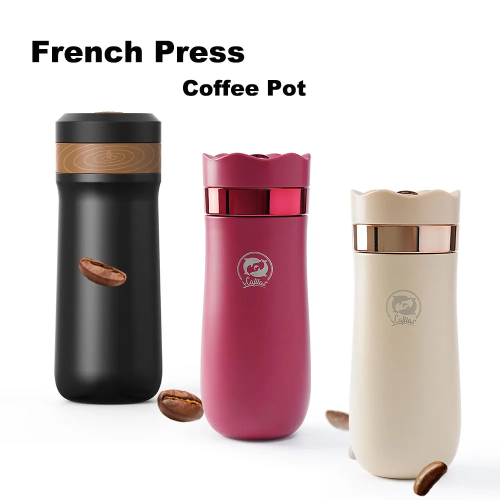 2in 1 tragbare französische Press kanne 320ml Reise kaffee maschine Edelstahl doppelwandige Kaffee-Tee flasche & Thermo-Krug-Wasserkocher Image