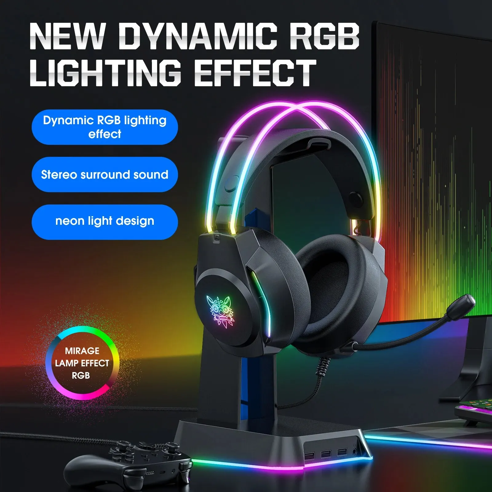 ONIKUMA Gaming Headset Kabelgebundene Kopfhörer Player PC PS4 mit RGB-Licht HD Flexibles Mikrofon Kopfhörer für Xbox PS5 Computerspiele Image