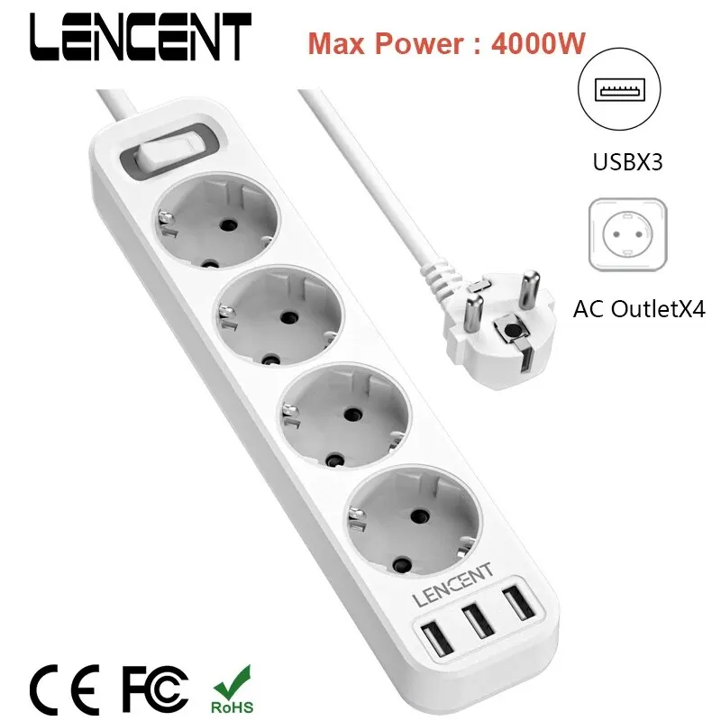 Linsen-EU-Stecker-Steckdosen leiste mit 4 Steckdosen und 3 USB-Anschlüssen 5V/2,4 A 7-in-1-Mehrfachbuchse mit 1,5 m Kabel-Ein/Aus-Schalter Image