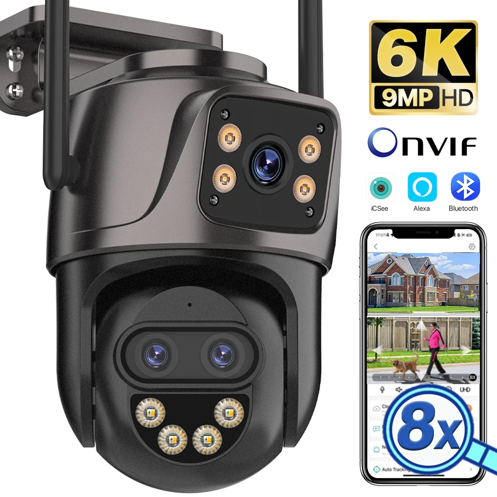 6K 9MP HD IP Kamera Outdoor Drei-Objektiv Externe WiFi Kamera 4K/2K Dual Screen Sicherheit PTZ Cam Auto Tracking Überwachung iCSee Image
