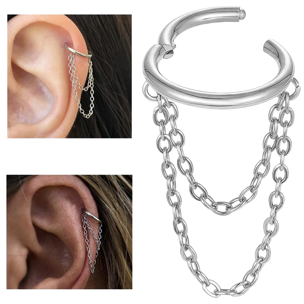 16G Edelstahl Knorpel Ohrringe Hoop 8mm Helix Piercing Schmuck mit Doppelketten Hypoallergen Scharnier Clicker Image