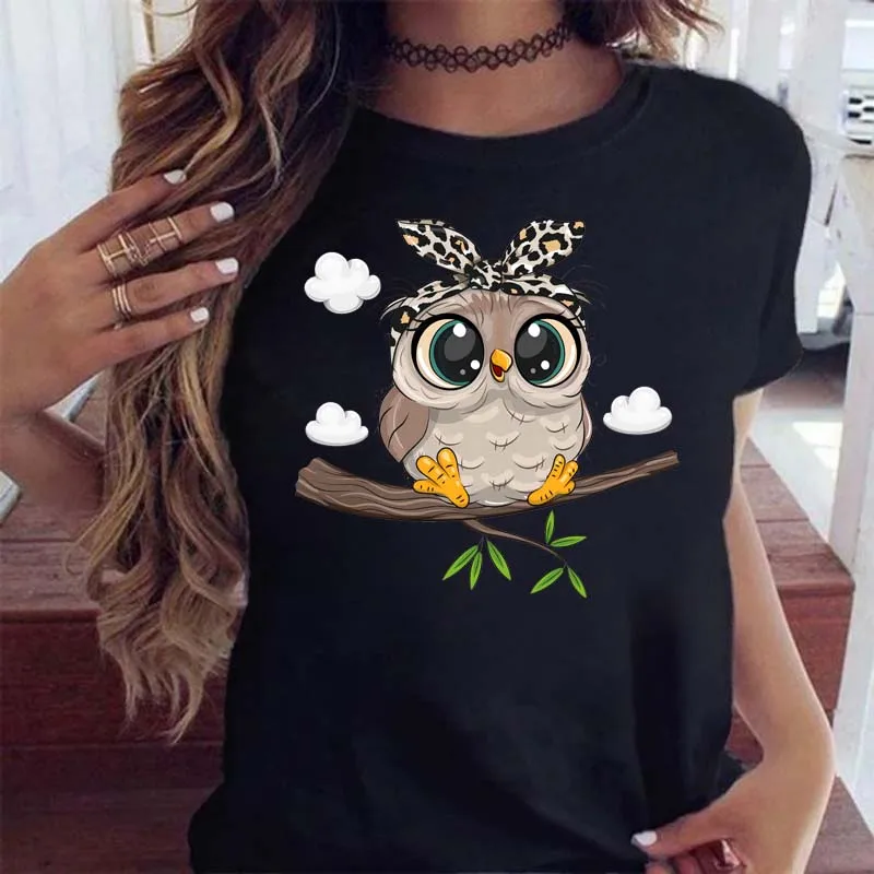 Maycaur Cartoon Eule Print T Shirt Frauen Kawaii Grafik Shirts Casual Kurzarm Schwarz Weibliche T Oansatz Harajuku T-shirts