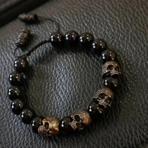 Horror Schädel schwarze Perlen dunklen Vintage-Stil Charme Herren Armband Aussage Steampunk Gothic