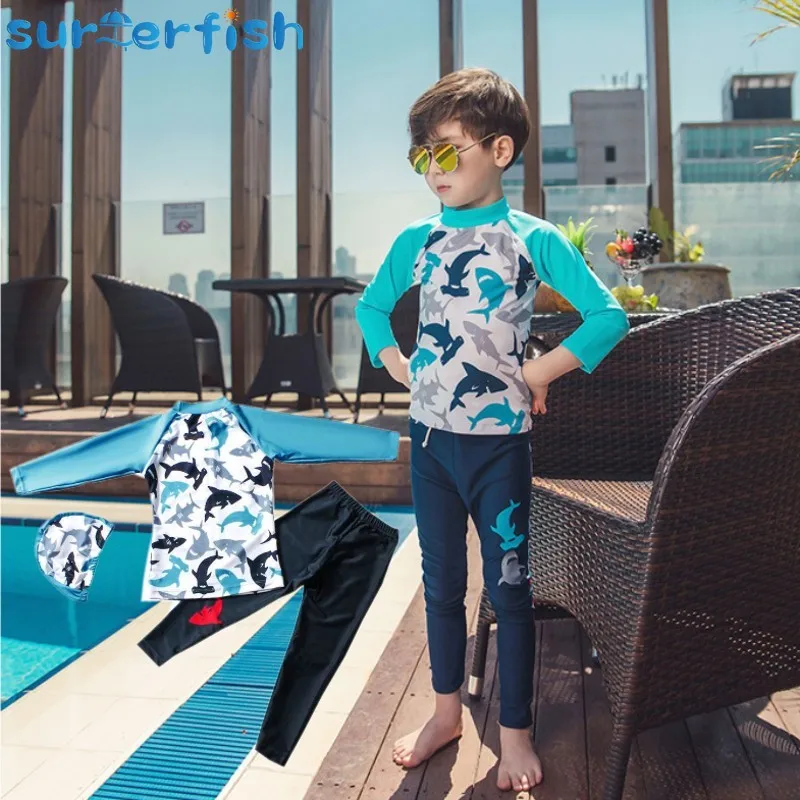 2pc Jungen Shark Badeanzug Drei Stück Kinder Bademode Schwimmen Stamm Strand Kappe Baby Badeanzug Cartoon Split Rash Guard Badeanzug Image