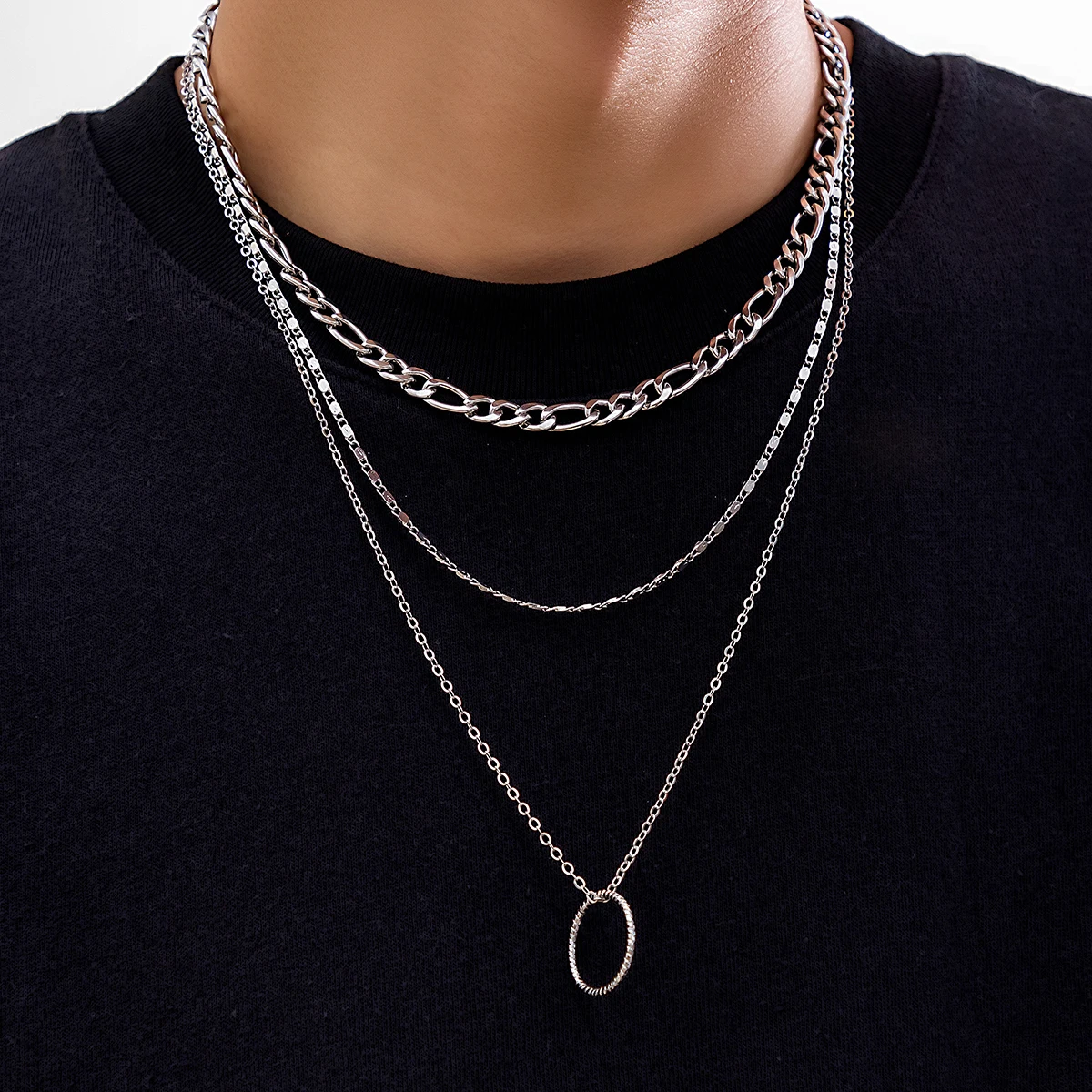 Kunjoe 3 teile/satz Punk Metall Kreis Anhänger Halskette für Männer Hip Hop Silber Farbe kubanische Glieder kette Choker Halskette Party Schmuck