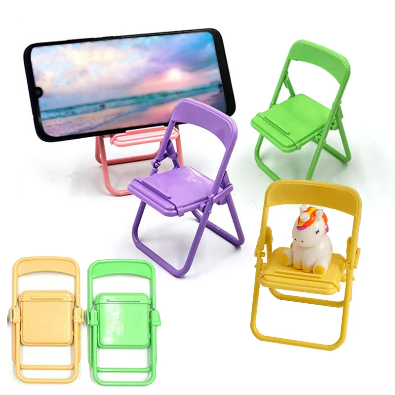 4 stücke mini klappstuhl kunststoff handy halter macaron farbe desktop dekoration niedliche tragbare bank mini spielzeug unterstützung tmz Image