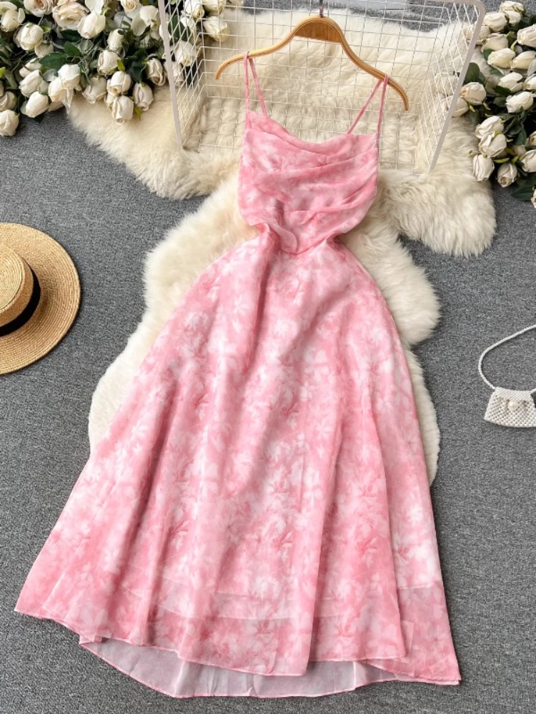 Frauen Rosa Strand Kleid Sommer Ärmel Aushöhlen Hohe Taille A-linie Blumen Druck Chiffon Kleider Damen Casual Lange Robe