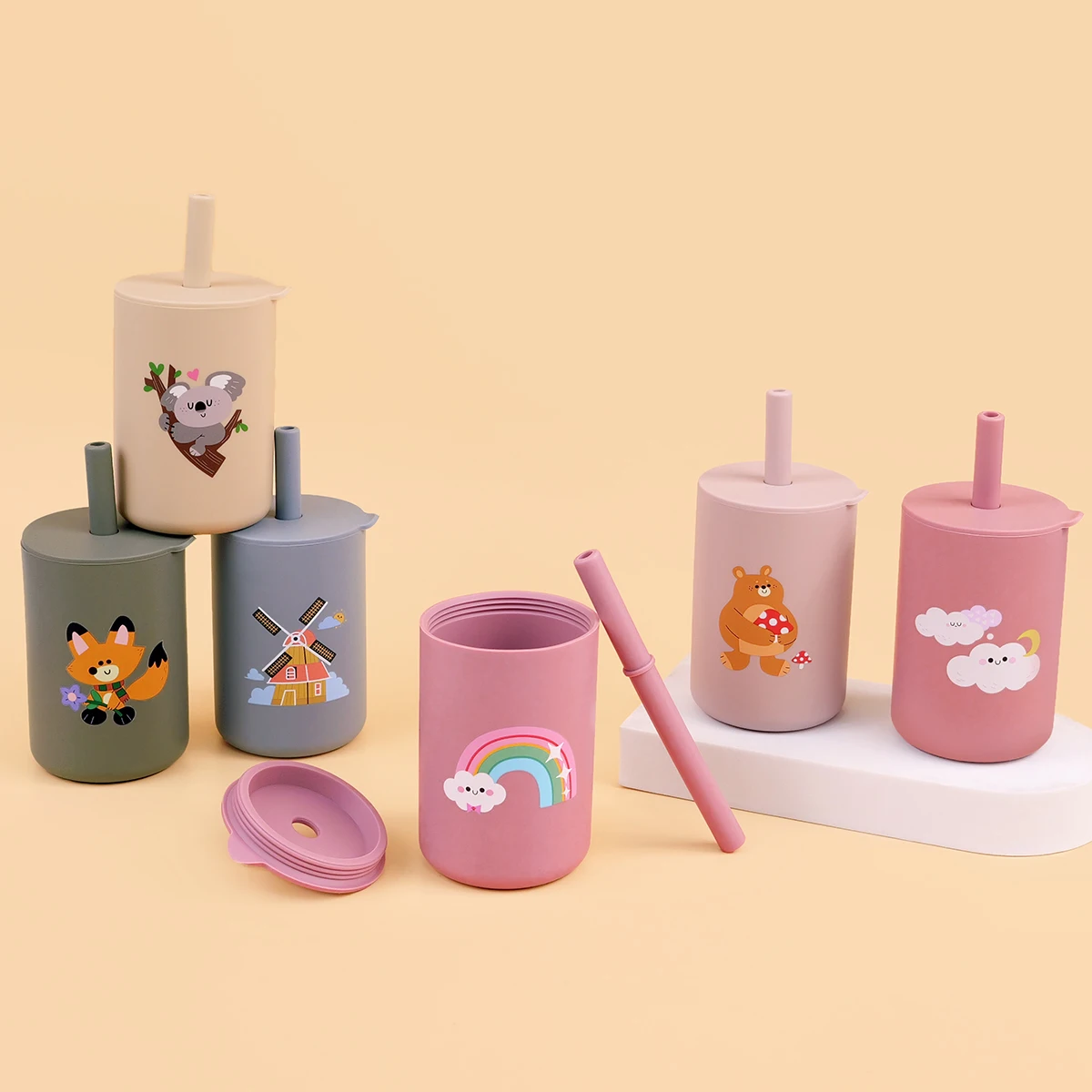 150ml Baby Silikon Tasse mit exquisitem Muster Deckel tragbare Getränk Stroh Tasse Kinder auslaufs icher Fütterung Oma Flasche Tasse Image