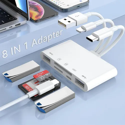 8 in 1 SD-Kartenleser USB-Hub für iPhone iPad MacBook Blitz/USB/Typ C zu SD TF Kartenleser