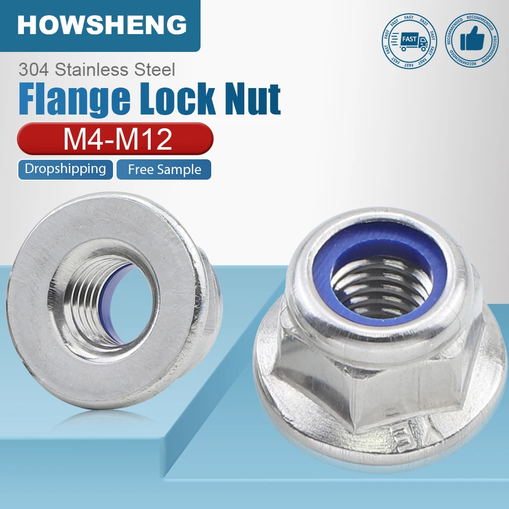 HOWSHENG 2–40 Stück Sechskantflansch-Kontermutter mit Nyloneinsatz M4 M5 M6 M8 M10 M12 Edelstahl-Sechskantflansch-Kontermutter Image