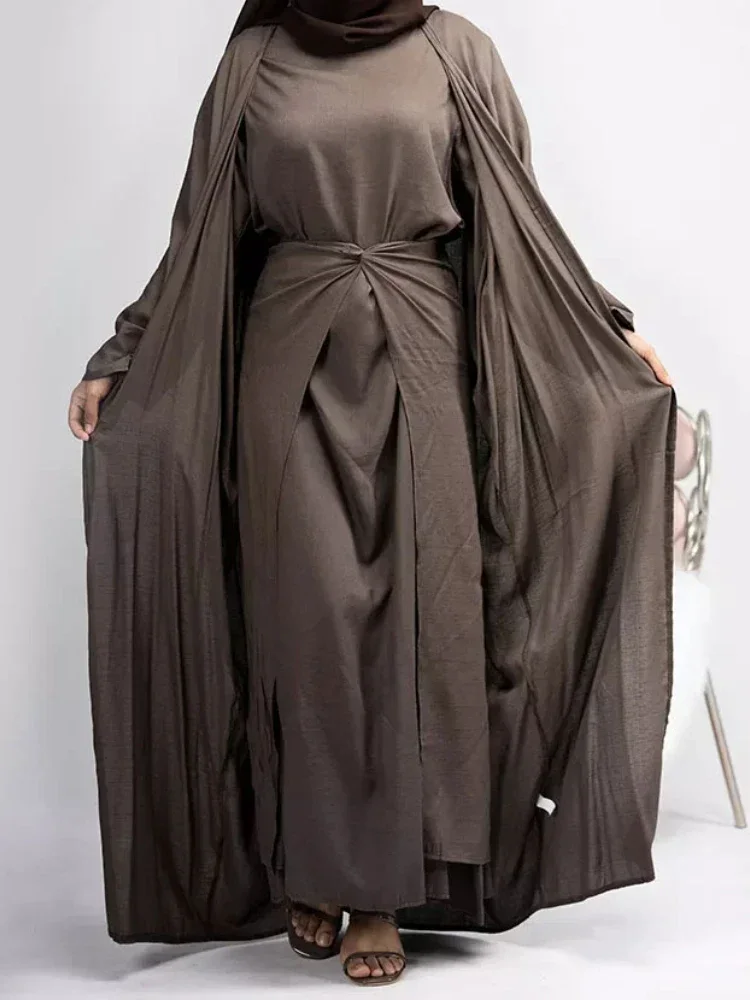 3-teiliger Abaya-Kimono, passende muslimische Sets, Leinen, offene Abayas für Frauen, Dubai, Türkei, Hijab-Kleid + Wickelrock, islamisches bescheidenes Outfit Image
