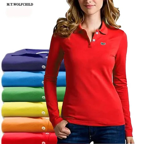 Mode Neue Damen Polos Shirts Stickerei-Logo Casual Einfarbig Damen Laple Tees Lange Hülse Dünne