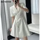 Bgteever Sommer elegante gekerbte Kragen Damen Anzug Kleid Kurzarm Knöpfe schlanke Taille Mini