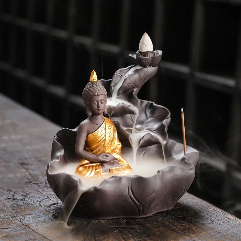 Kreativer lila Ton Zen Buddha Rückfluss-Räuchergefäß Lotus Räucherstäbchenhalter, Aromatherapie Home Decor Räuchergefäß – kein Räucherstäbchen