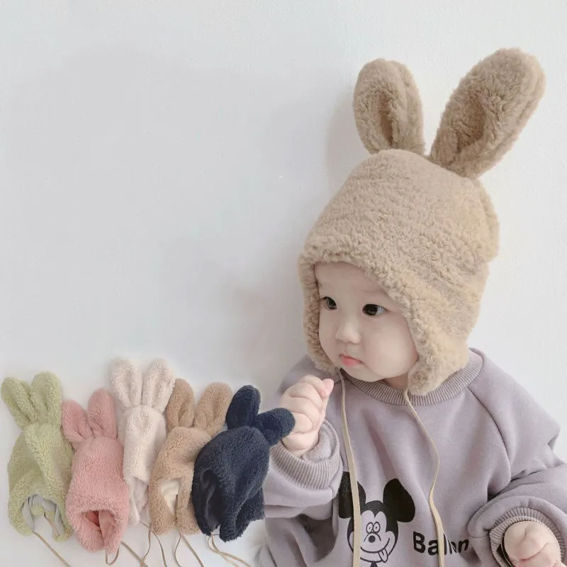 Niedliche Cartoon Hase Ohr kappen für Kinder Winter warme Hut Kleinkind Baby Kinder einfarbig Kinder Junge Mädchen Ohren klappe Hüte Motorhaube Gorras Image