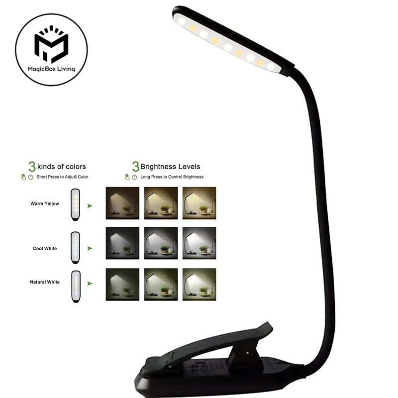 Mini 9-LED-Leselampe, Buchlicht, Lampe, USB wiederaufladbar, warme Clip-Lampe, Helligkeit, stufenloses Dimmen, Schreibtisch, Tisch, Lesen, Nachtlicht