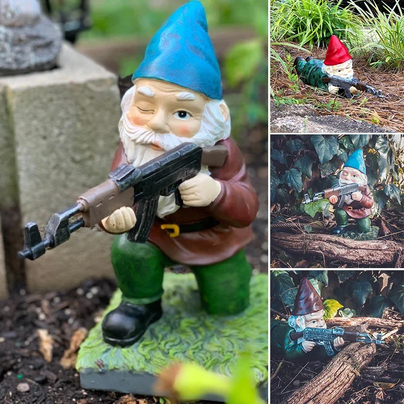 CS Pistole Zwerg Figur Gnome Statue Lustige Elf Statue Ornament Home Garten Rasen Yard Outdoor Dekoration Zubehör Geschenke Image