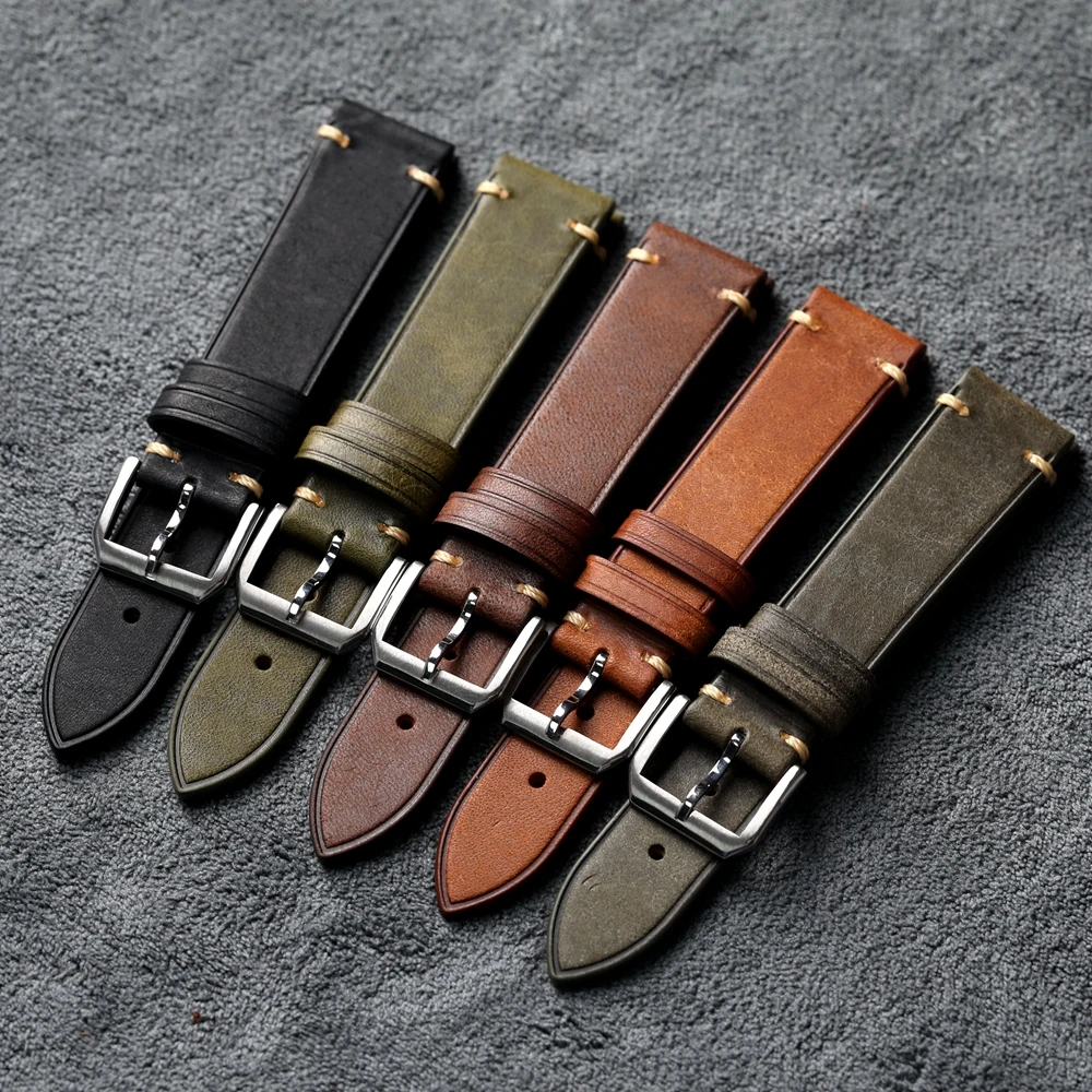 Handgefertigtes italienisches Kopf-Rindslederarmband im Vintage-Stil für Herren, 18, 19, 20, 21, 22 mm, Schwarz, Braun, Grau, Grün, echtes Lederarmband