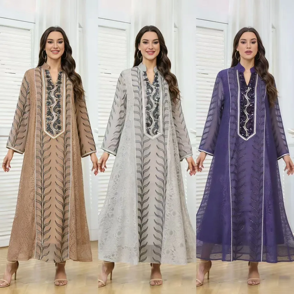 Eid Stickerei Arabischen Muslimischen Party Kleid für Frauen Abaya Jalabiya Lange Kleider Marokko Kaftan Vestidos Dubai Ramadan Kleid Robe Image