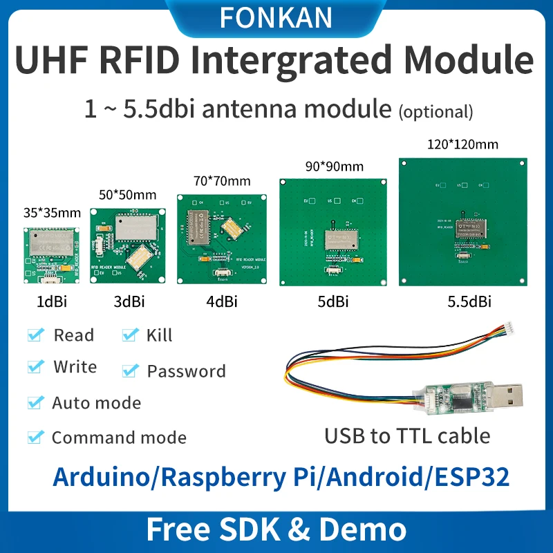 UHF-RFID-Modul TTL232 UHF-Leser Integrierte RFID-Antenne ISO18000-6C RFID-UHF-Modul für Arduino Raspberry Pi ESP32 RFID UHF Image
