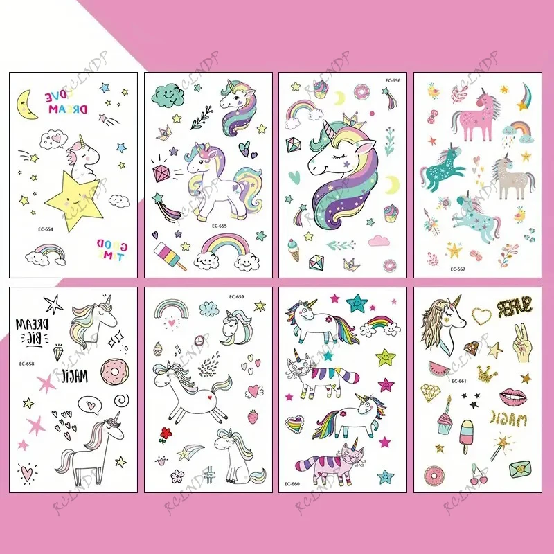 8 stücke Wasserdicht Temporäre Tattoo Aufkleber Einhorn Regenbogen Stern Gefälschte Tattoo Flash Tattoo arm Tattoo für Mädchen Frauen Männer Image