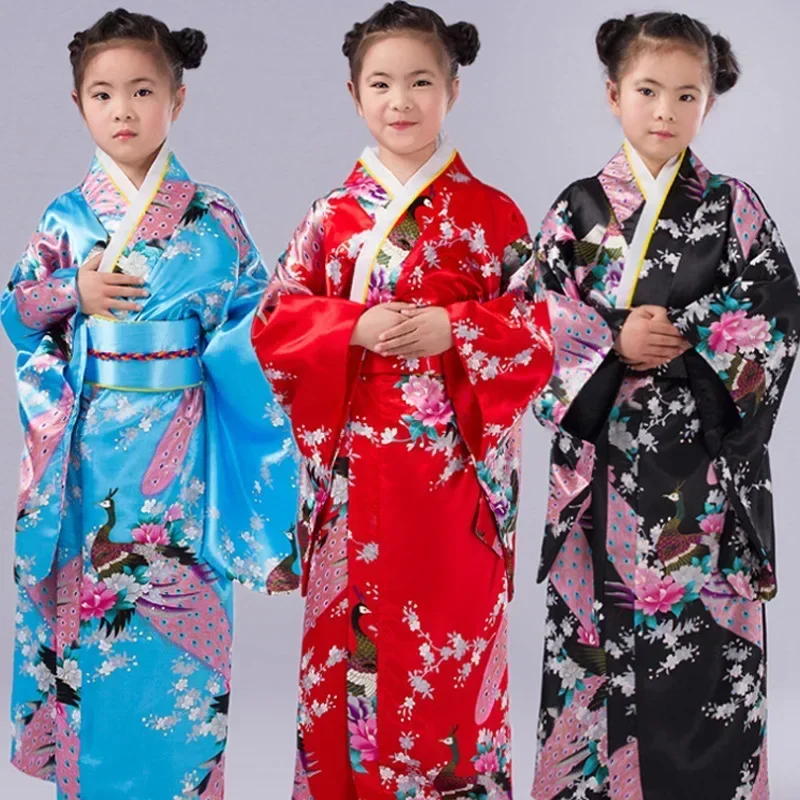 Asiatische Kinder Japanischer Kimono Bademantel Japan-Stil Pfauen-Yukata Kleid Obi Vintage Haori Halloween Cosplay Kostüm Image