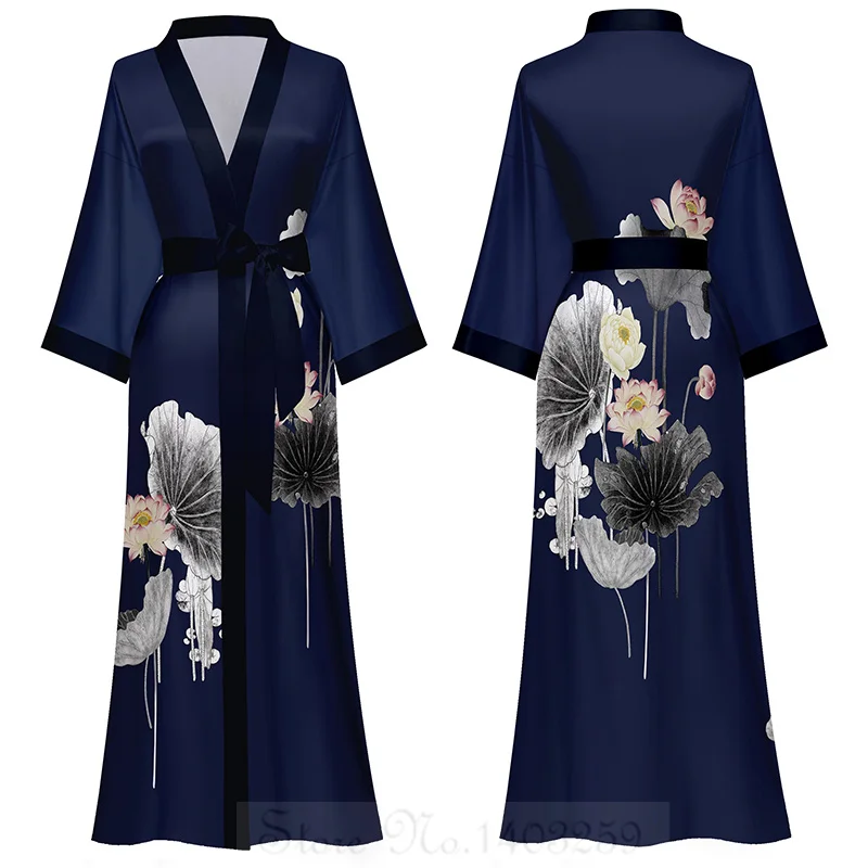 Kimono-Bademantel kleid im japanischen Stil mit halben Ärmeln, weiblicher Nachthemd, Nachtwäsche, loser Satin-Print, Blumen kleid Image